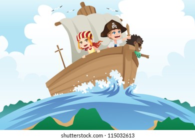A vector illustration of kids dressed in pirates costumes sailing in a ship