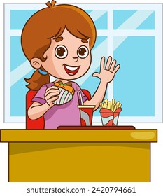 Vector illustration of Kids eating French Fries and fast food in restaurant