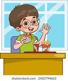 Vector illustration of Kids eating French Fries and fast food in restaurant