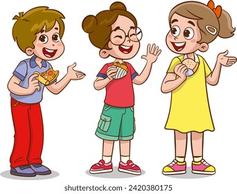 Vector illustration of kids eating sandwiches.