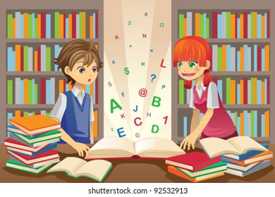 A vector illustration of kids education, kids studying in the library