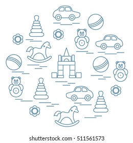 Vector illustration kids elements arranged in a circle: car, pyramid, roly-poly, ball, cubes, rocking horse, rattle. Design element for postcard, banner, flyer, poster or print. 