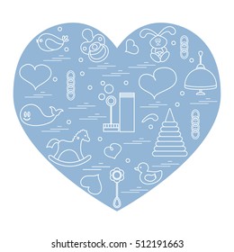 Vector illustration kids elements arranged in a heart: bird, whale, pacifier, bubbles, pyramid, beanbag, rabbit, duck and other. Design element for postcard, banner, flyer, poster or print.