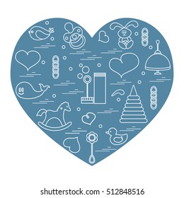 Vector illustration kids elements arranged in a heart: bird, whale, pacifier, bubbles, pyramid, beanbag, rabbit, duck and other. Design element for postcard, banner, flyer, poster or print.