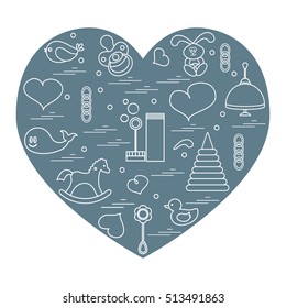Vector illustration kids elements arranged in a heart: bird, whale, pacifier, bubbles, pyramid, beanbag, rabbit, duck and other. Design element for postcard, banner, flyer, poster or print.