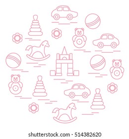 Vector illustration kids elements arranged in a circle: car, pyramid, roly-poly, ball, cubes, rocking horse, rattle. Design element for postcard, banner, flyer, poster or print. 