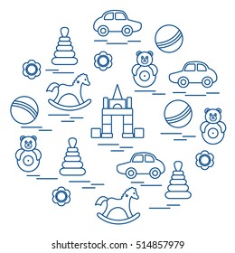 Vector illustration kids elements arranged in a circle: car, pyramid, roly-poly, ball, cubes, rocking horse, rattle. Design element for postcard, banner, flyer, poster or print. 
