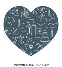 Vector illustration kids elements arranged in a heart: bird, whale, pacifier, bubbles, pyramid, beanbag, rabbit, duck and other. Design element for postcard, banner, flyer, poster or print.