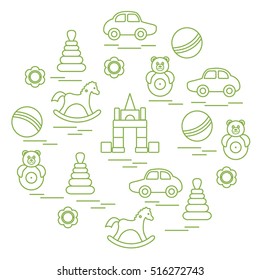 Vector illustration kids elements arranged in a circle: car, pyramid, roly-poly, ball, cubes, rocking horse, rattle. Design element for postcard, banner, flyer, poster or print. 