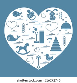 Vector illustration kids elements arranged in a heart: bird, whale, pacifier, bubbles, pyramid, beanbag, rabbit, duck and other. Design element for postcard, banner, flyer, poster or print.
