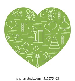 Vector illustration kids elements arranged in a heart: bird, whale, pacifier, bubbles, pyramid, beanbag, rabbit, duck and other. Design element for postcard, banner, flyer, poster or print.