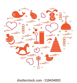 Vector illustration kids elements arranged in a heart: bird, whale, pacifier, bubbles, pyramid, beanbag, rabbit, duck and other. Design element for postcard, banner, flyer, poster or print.