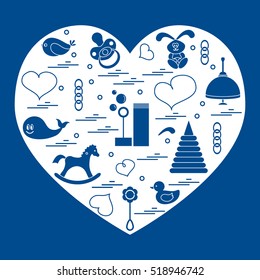 Vector illustration kids elements arranged in a heart: bird, whale, pacifier, bubbles, pyramid, beanbag, rabbit, duck and other. Design element for postcard, banner, flyer, poster or print.