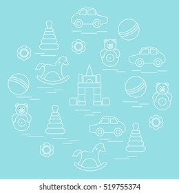Vector illustration kids elements arranged in a circle: car, pyramid, roly-poly, ball, cubes, rocking horse, rattle. Design element for postcard, banner, flyer, poster or print. 