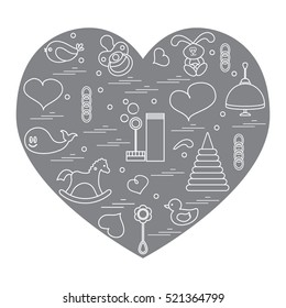 Vector illustration kids elements arranged in a heart: bird, whale, pacifier, bubbles, pyramid, beanbag, rabbit, duck and other. Design element for postcard, banner, flyer, poster or print.