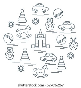 Vector illustration kids elements arranged in a circle: car, pyramid, roly-poly, ball, cubes, rocking horse, rattle. Design element for postcard, banner, flyer, poster or print. 