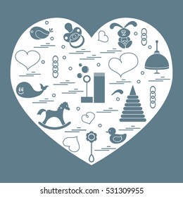 Vector illustration kids elements arranged in a heart: bird, whale, pacifier, bubbles, pyramid, beanbag, rabbit, duck and other. Design element for postcard, banner, flyer, poster or print.