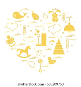 Vector illustration kids elements arranged in a heart: bird, whale, pacifier, bubbles, pyramid, beanbag, rabbit, duck and other. Design element for postcard, banner, flyer, poster or print.