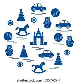 Vector illustration kids elements arranged in a circle: car, pyramid, roly-poly, ball, cubes, rocking horse, rattle. Design element for postcard, banner, flyer, poster or print. 