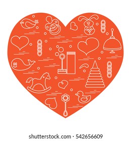 Vector illustration kids elements arranged in a heart: bird, whale, pacifier, bubbles, pyramid, beanbag, rabbit, duck and other. Design element for postcard, banner, flyer, poster or print.