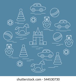 Vector illustration kids elements arranged in a circle: car, pyramid, roly-poly, ball, cubes, rocking horse, rattle. Design element for postcard, banner, flyer, poster or print. 