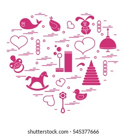 Vector illustration kids elements arranged in a heart: bird, whale, pacifier, bubbles, pyramid, beanbag, rabbit, duck and other. Design element for postcard, banner, flyer, poster or print.