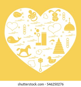 Vector illustration kids elements arranged in a heart: bird, whale, pacifier, bubbles, pyramid, beanbag, rabbit, duck and other. Design element for postcard, banner, flyer, poster or print.