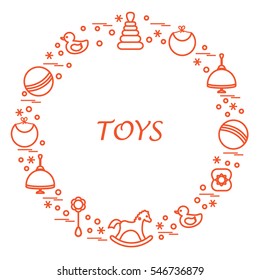 Vector illustration kids elements arranged in a circle: whirligig, ball, rocking horse, duck, pyramid and other. Design element for postcard, banner, flyer, poster or print. 