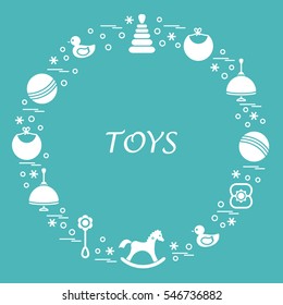 Vector illustration kids elements arranged in a circle: whirligig, ball, rocking horse, duck, pyramid and other. Design element for postcard, banner, flyer, poster or print. 