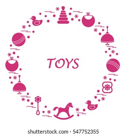 Vector illustration kids elements arranged in a circle: whirligig, ball, rocking horse, duck, pyramid and other. Design element for postcard, banner, flyer, poster or print. 