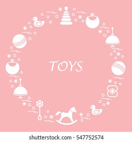 Vector illustration kids elements arranged in a circle: whirligig, ball, rocking horse, duck, pyramid and other. Design element for postcard, banner, flyer, poster or print. 