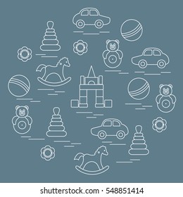 Vector illustration kids elements arranged in a circle: car, pyramid, roly-poly, ball, cubes, rocking horse, rattle. Design element for postcard, banner, flyer, poster or print. 