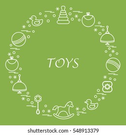 Vector illustration kids elements arranged in a circle: whirligig, ball, rocking horse, duck, pyramid and other. Design element for postcard, banner, flyer, poster or print. 