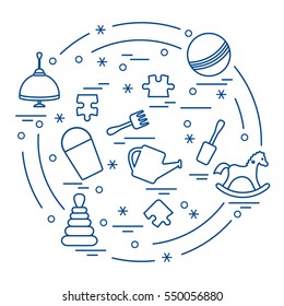 Vector illustration kids elements arranged in a circle: whirligig, ball, puzzle, rocking horse,  bucket, pyramid and other. Design element for postcard, banner, flyer, poster or print. 