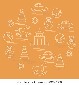 Vector illustration kids elements arranged in a circle: car, pyramid, roly-poly, ball, cubes, rocking horse, rattle. Design element for postcard, banner, flyer, poster or print. 