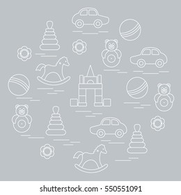 Vector illustration kids elements arranged in a circle: car, pyramid, roly-poly, ball, cubes, rocking horse, rattle. Design element for postcard, banner, flyer, poster or print. 