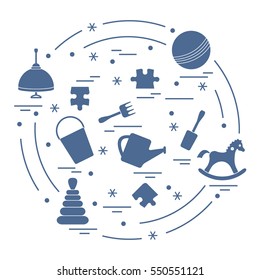 Vector illustration kids elements arranged in a circle: whirligig, ball, puzzle, rocking horse,  bucket, pyramid and other. Design element for postcard, banner, flyer, poster or print. 