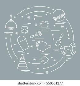 Vector illustration kids elements arranged in a circle: whirligig, ball, puzzle, rocking horse,  bucket, pyramid and other. Design element for postcard, banner, flyer, poster or print. 