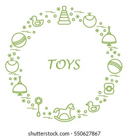 Vector illustration kids elements arranged in a circle: whirligig, ball, rocking horse, duck, pyramid and other. Design element for postcard, banner, flyer, poster or print. 