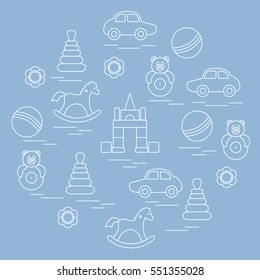 Vector illustration kids elements arranged in a circle: car, pyramid, roly-poly, ball, cubes, rocking horse, rattle. Design element for postcard, banner, flyer, poster or print. 