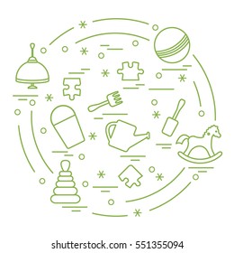 Vector illustration kids elements arranged in a circle: whirligig, ball, puzzle, rocking horse,  bucket, pyramid and other. Design element for postcard, banner, flyer, poster or print. 