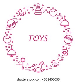Vector illustration kids elements arranged in a circle: whirligig, ball, rocking horse, duck, pyramid and other. Design element for postcard, banner, flyer, poster or print. 