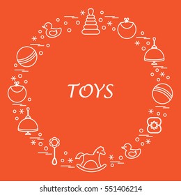 Vector illustration kids elements arranged in a circle: whirligig, ball, rocking horse, duck, pyramid and other. Design element for postcard, banner, flyer, poster or print. 