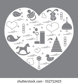 Vector illustration kids elements arranged in a heart: bird, whale, pacifier, bubbles, pyramid, beanbag, rabbit, duck and other. Design element for postcard, banner, flyer, poster or print.