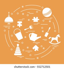 Vector illustration kids elements arranged in a circle: whirligig, ball, puzzle, rocking horse,  bucket, pyramid and other. Design element for postcard, banner, flyer, poster or print. 