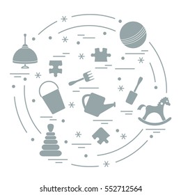 Vector illustration kids elements arranged in a circle: whirligig, ball, puzzle, rocking horse,  bucket, pyramid and other. Design element for postcard, banner, flyer, poster or print. 
