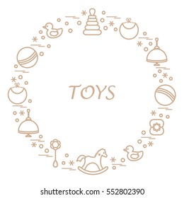 Vector illustration kids elements arranged in a circle: whirligig, ball, rocking horse, duck, pyramid and other. Design element for postcard, banner, flyer, poster or print. 