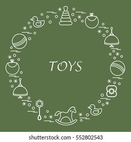 Vector illustration kids elements arranged in a circle: whirligig, ball, rocking horse, duck, pyramid and other. Design element for postcard, banner, flyer, poster or print. 