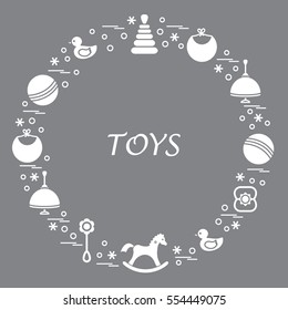Vector illustration kids elements arranged in a circle: whirligig, ball, rocking horse, duck, pyramid and other. Design element for postcard, banner, flyer, poster or print. 