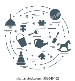 Vector illustration kids elements arranged in a circle: whirligig, ball, puzzle, rocking horse,  bucket, pyramid and other. Design element for postcard, banner, flyer, poster or print. 